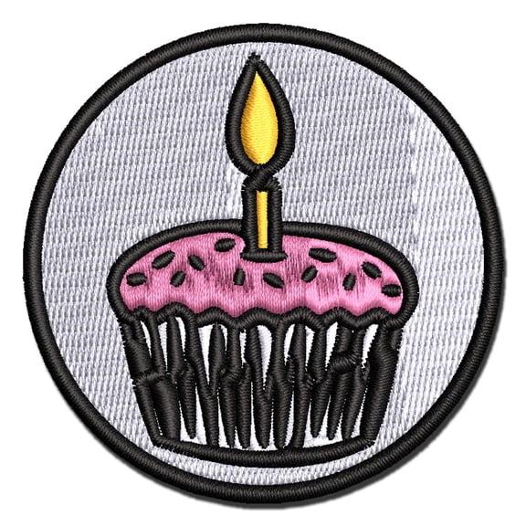 Sprinkled Birthday Cupcake with Candle Applique Multi-Color Embroidered Iron-On Patch - 3 Inch Medium