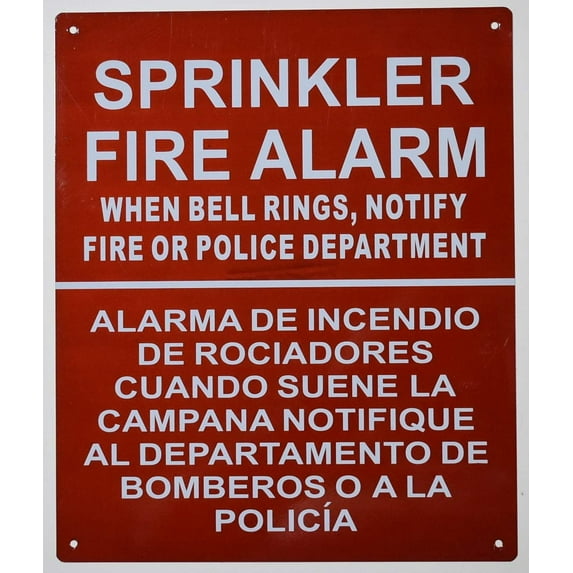 Sprinkler FIRE Alarm When Bell Rings NOTIFY Bilingual Sign with English & Spanish Text Sign (Reflective !!,Aluminium, RED Background, 10X12 inch)(ref-2022-4)