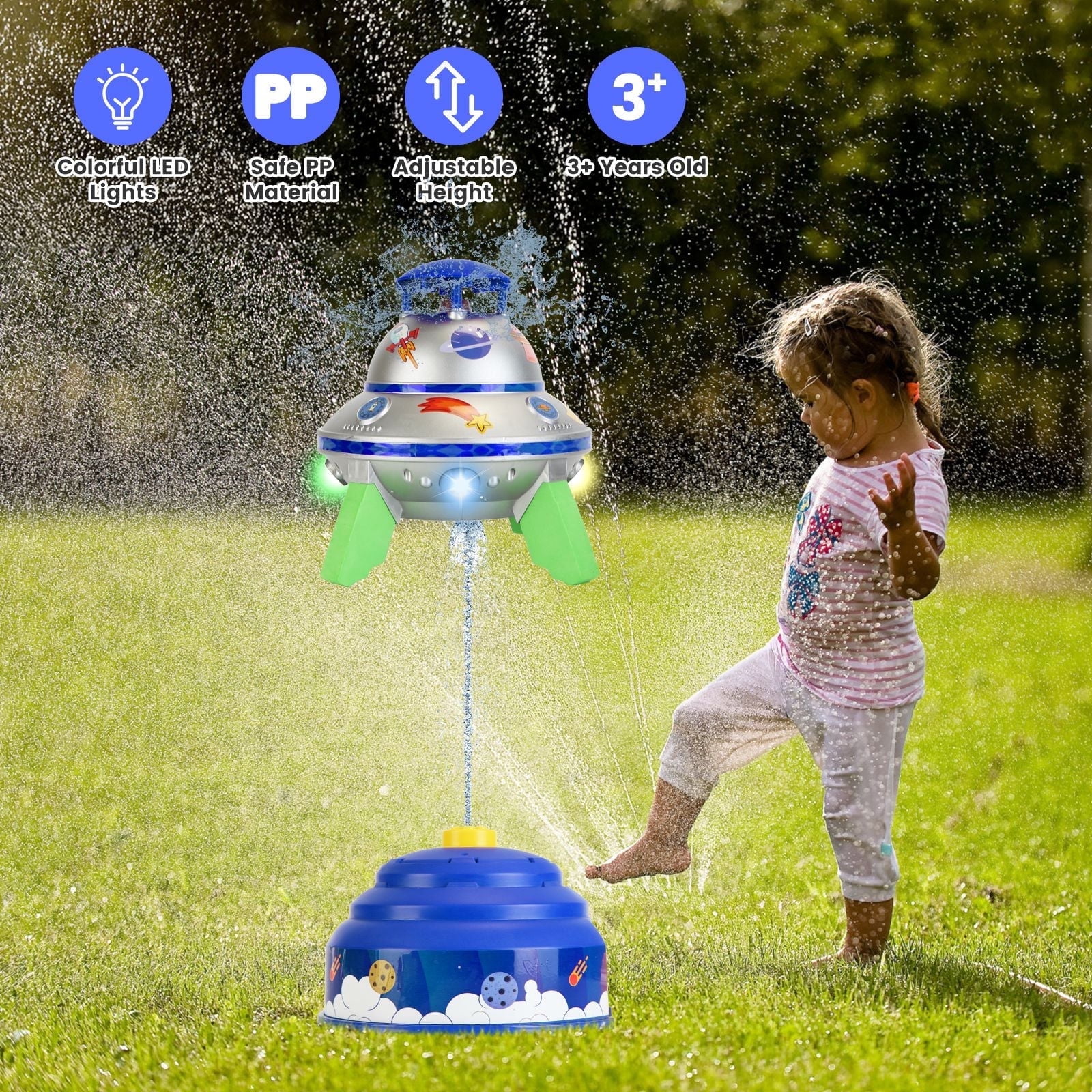 Sprinkler for Kids 3-12 Years Old Rocket Water Sprinkler with Colorful LED Lights 360° Spinning 1.64-6.56ft Adjustable Height Gift for Girls Boys Blue