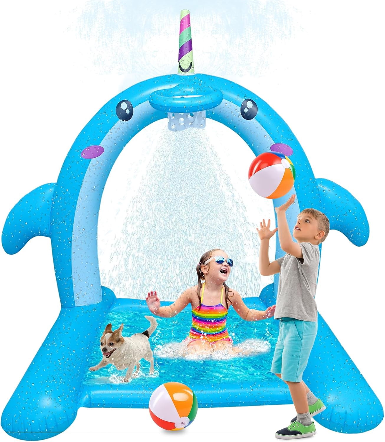 Sprinkler for Kids Outdoor Play - Giant Inflatable Shark Water Toys Splash Pad with Basketball Hoop and Tossing Game, Summer Outdoor Game for 3-8 Year Old, Water Fun Sprinkler for Kids