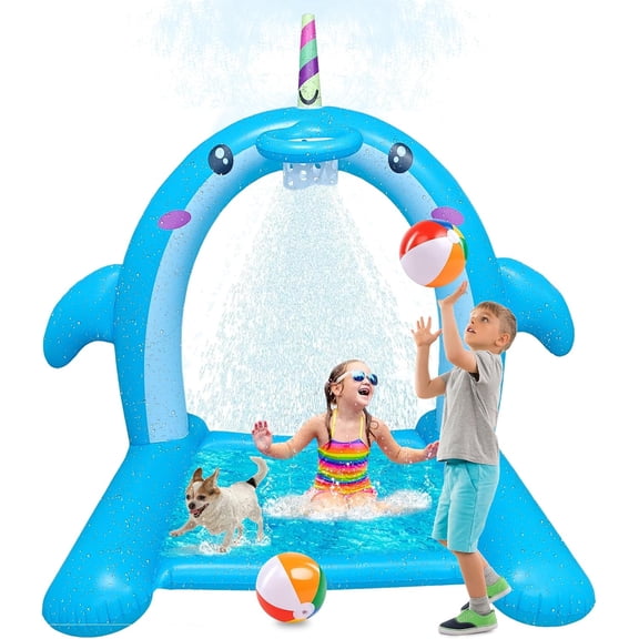 Sprinkler for Kids Outdoor Play - Giant Inflatable Shark Water Toys Splash Pad with Basketball Hoop and Tossing Game, Summer Outdoor Game for 3-8 Year Old, Water Fun Sprinkler for Kids