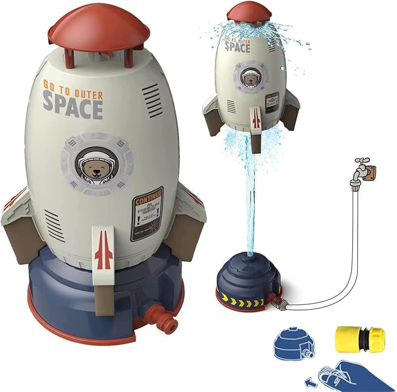 Rocket Sprinkler Toy For Kids - Outdoor Water Sprinkler With LED Lights, 3M Hose, Adjustable Height For Summer Yard Play