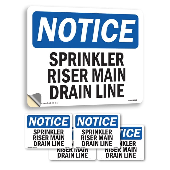 Sprinkler Riser Main Drain Line OSHA Notice Vinyl Decal Label 5 Inch x 3.5 Inch - 5 Pack