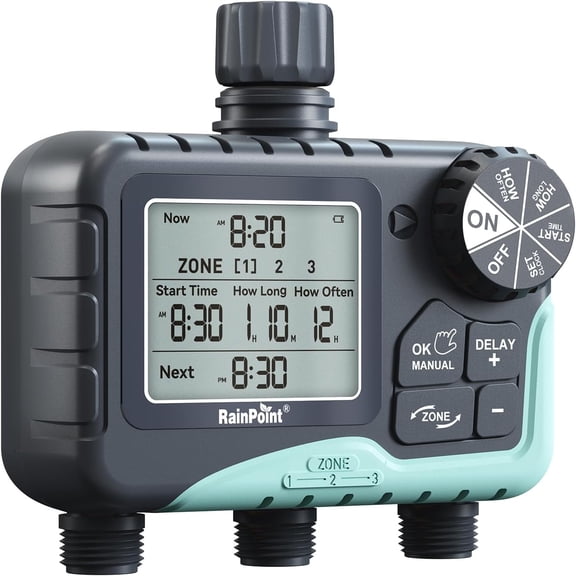 Sprinkler Timer 3 Zone, Programmable Water Timer for Watering with Automatic/Manual/Rain Delay/Watering Mode, IP65 Waterproof, Large LCD