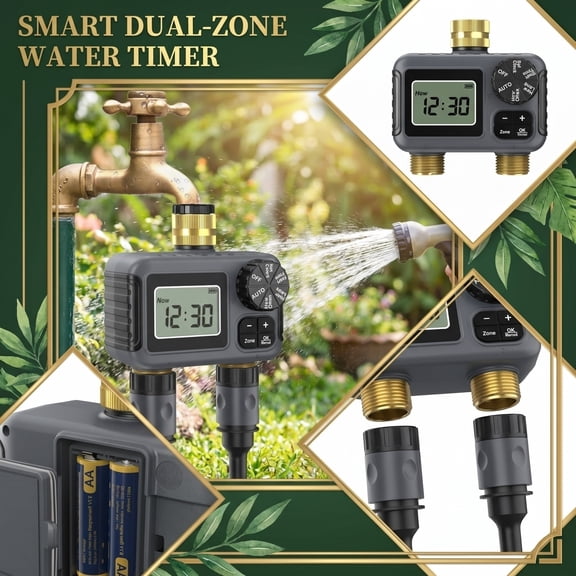 Sprinkler Timer for Garden Hose  2-Zone Brass Water Timer, Programmable Water-Saving Device, Auto/Manual Modes Rain Delay, IP54 Weatherproof Outdoor Irrigation Controller