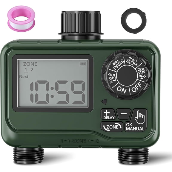 Sprinkler Timer Outdoor - 2 Zone Programmable Water Timer with Rain Delay, Automatic Irrigation System for Lawns & Garden Hoses - Waterproof Manual Controller with Large LCD Display