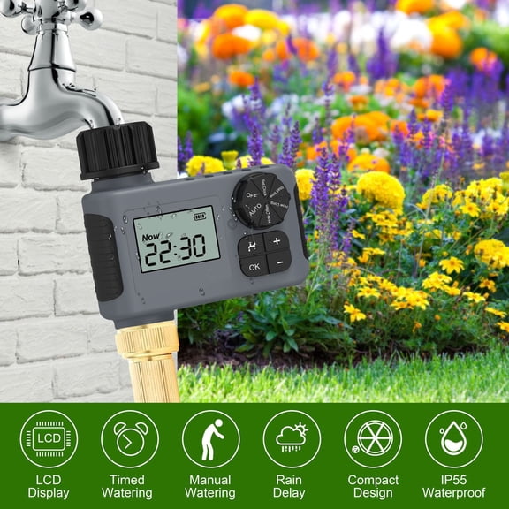 Sprinkler Timer, Outdoor Soaker Hose Timed with Rain Delay/Manual/Automatic Watering System, Digital Irrigation for Yard, Lawn, 1 Outlet