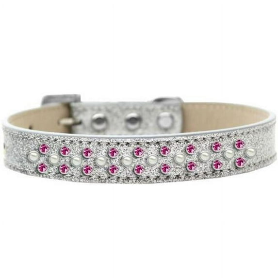 Sprinkles Ice Cream Pearl & Bright Pink Crystals Dog Collar, Silver - Size 16