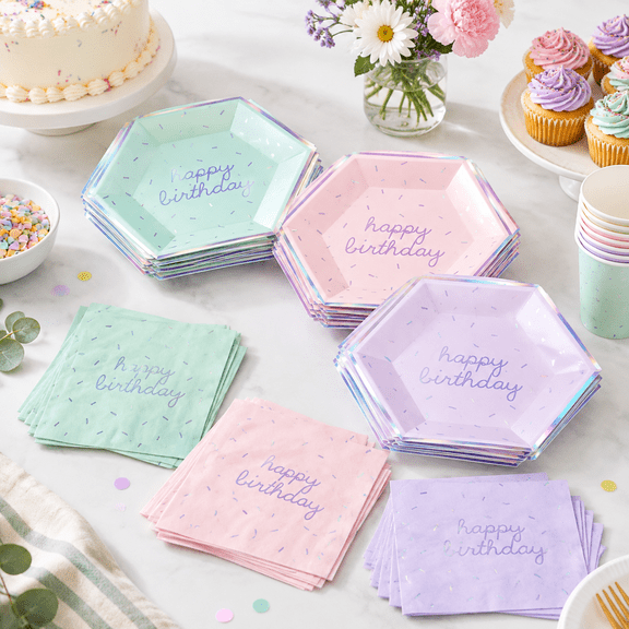 Sprinkles Party Plates And Napkset 60-pc Pastel Happy Birthday Kit Multi- Color Pack W/pink Teal Purple Disposable Paper Dinnerwa