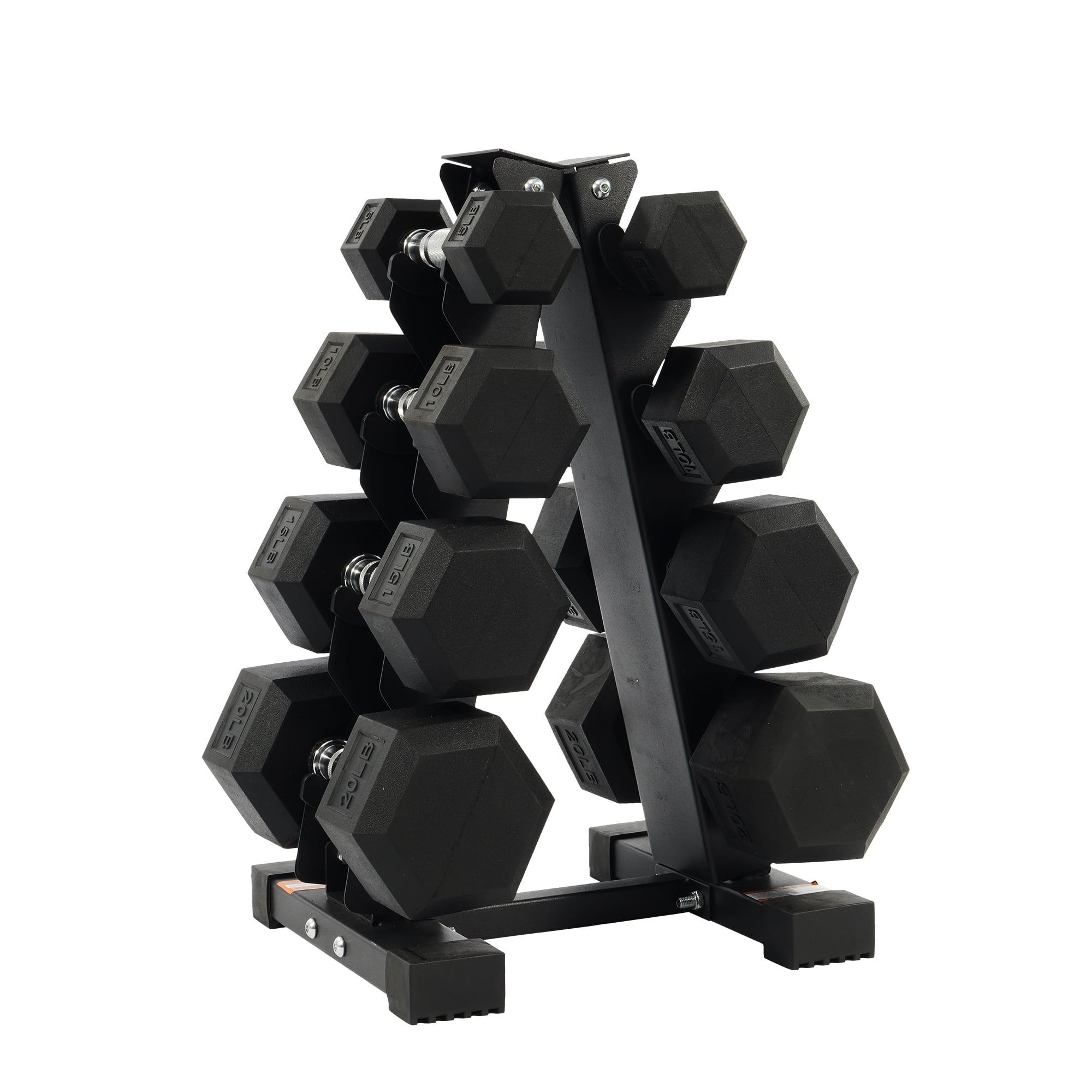 Sprint Demon 100LB Rubber Coated Hex Dumbbell Weight Set with A-Frame Rack, 5-20 lbs Pairs