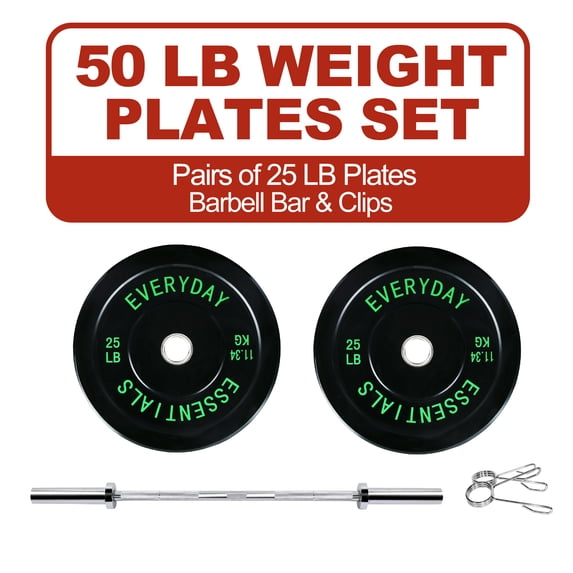 FlexWave 2-Inch Olympic Bumper Weight Plate Set,with Steel Hub,Barbell Bar & Clips,Black, Multiple Sizes,for Strength Training & Home Gym