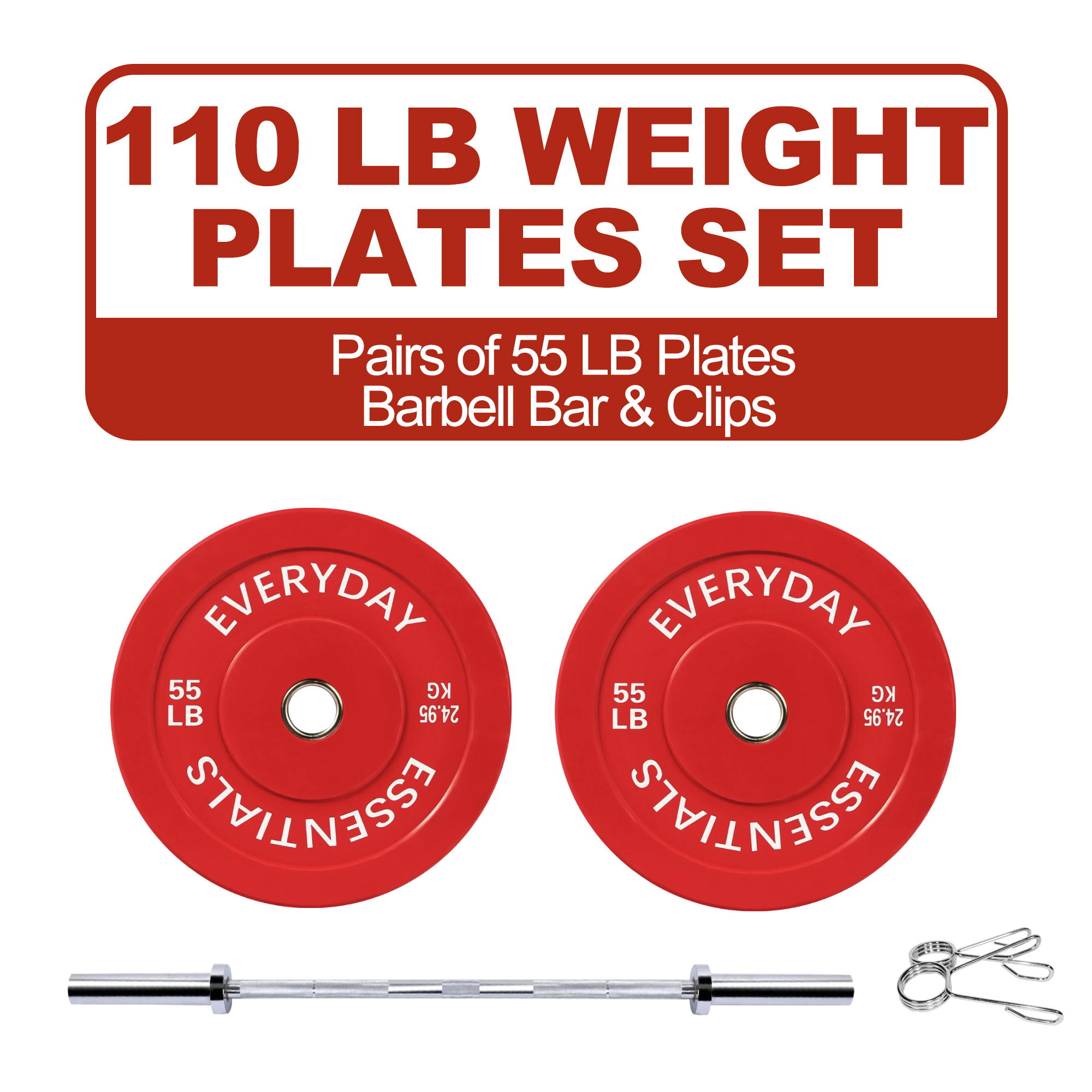 FlexWave 2-Inch Olympic Bumper Weight Plate Set，with Steel Hub,Barbell Bar & Clips，Colour, Multiple Sizes，for Strength Training & Home Gym