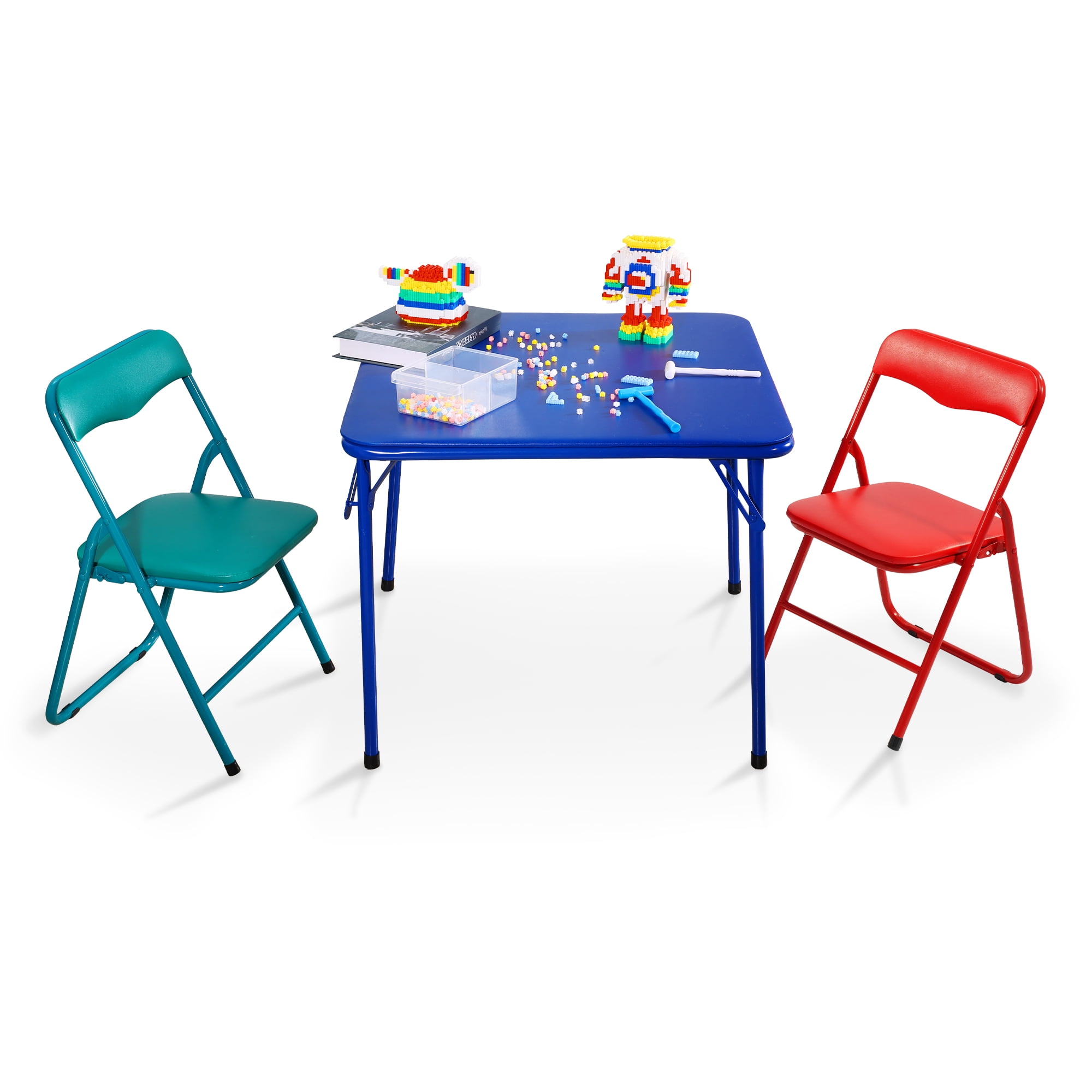 FlexWave 3-Piece Folding Table and Chair Children's Edition Set，Includes 1 Square Card Table，with Blue Padded Top and 2 Matching Folding Chairs，for Home, Game Night, Picnic, or Party