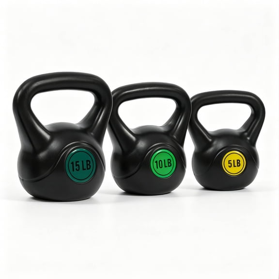 Sprint Demon 3-Piece Kettlebell Set, 5 lb, 10 lb & 15 lb, Concrete Core with Protective Plastic Coating, Strength Training Weights for Home Gym