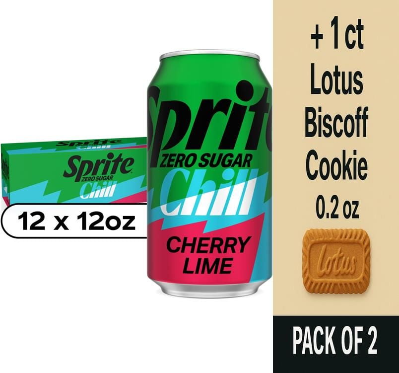 Sprite Chill Zero Sugar Cherry Lime Soda Cans 12 pk / 12 fl oz - Pack of 2 & Lotus Biscoff Cookie - 0.2 Oz - 1 ct