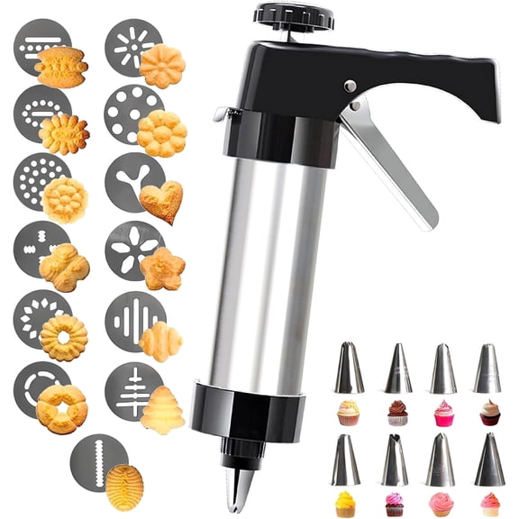 Cookie Press Gun Kit,13 Cookie Discs+8 Icing Nozzles Perfect for DIY Christmas Cookies and Decorating Cookies,Gifts for Wome(Black)