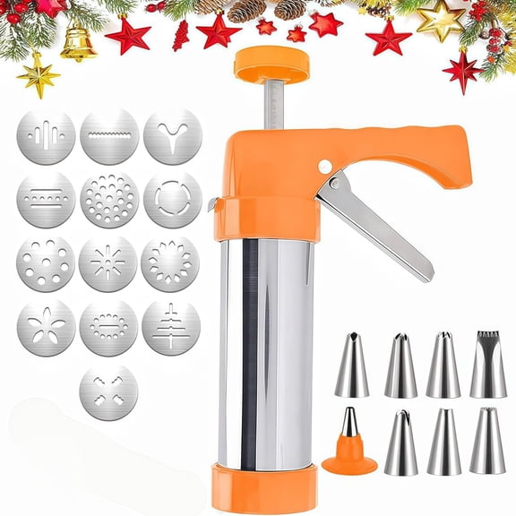 Spritz Cookie Press Gun Kit,13 Cookie Discs & 8 Icing Tips,Yellow Baking Tool with Cleaning Brush for DIY Cookie Making & Decorating,Holiday Baking Gift