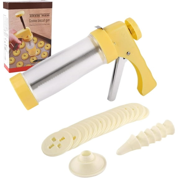 Spritz Cookie Press Gun Kit: Cookie Press Set/Icing Gun Kit with 16 Discs and 6 Icing Tips, Cookie Baking Tool Cake Decorating Gun, Cookie Press Gun for Baking, Frosting, Decorating (Yellow)
