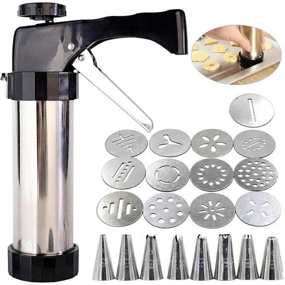 Spritz Cookie Press Gun Kit- Heavy Duty Stainless Steel Cookie Shooter with 13 Discs & 8 Piping Tips Butter Cookie Press for Baking Biscuits, Desserts,Easy Squeeze & Refill Cookie Gun Press