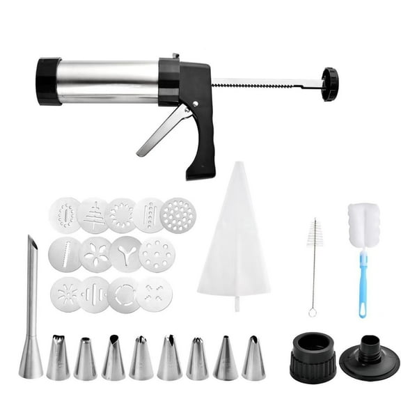 Spritz Cookie Press Kit, Stainless Steel Baking Set with 13 Mold Sheets and 9 Icing Nozzles, Decorating Tool for Homemade Cookies, Includes 2 Cleaning Brushes and 1 Bag, 8.66"x5.9"