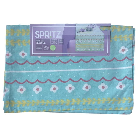 Spritz Springtime Blue Floral Stripe Table Runner, 14"x72"