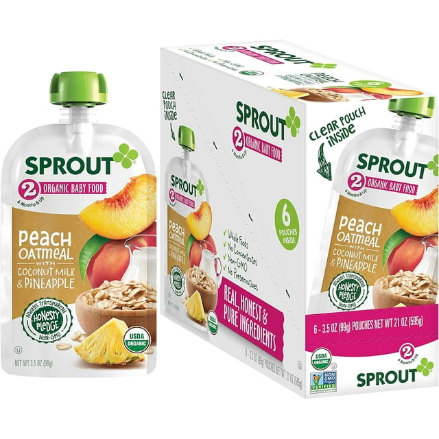 Sprout Organic Stage 2 Baby Food Pouches, Peach Oatmeal w/ Coconut Milk