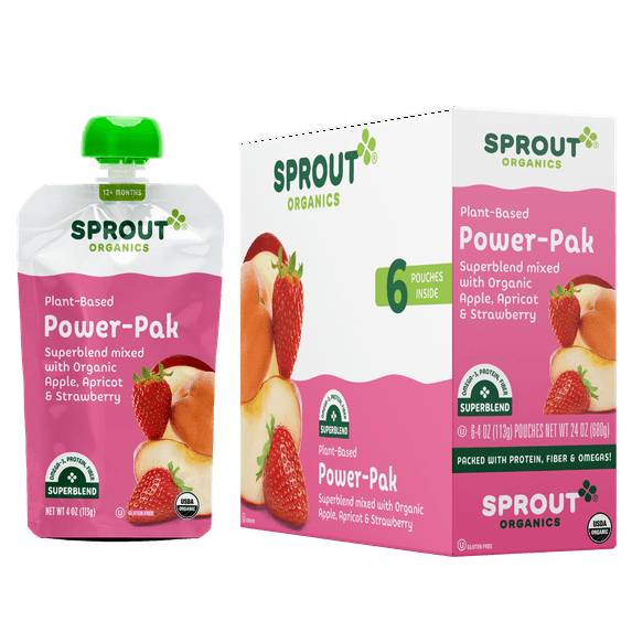 Sprout Organics Power-Pak Toddler Food, Organic Apple, Apricot & Strawberry, 4 oz Pouches (6 Pack)
