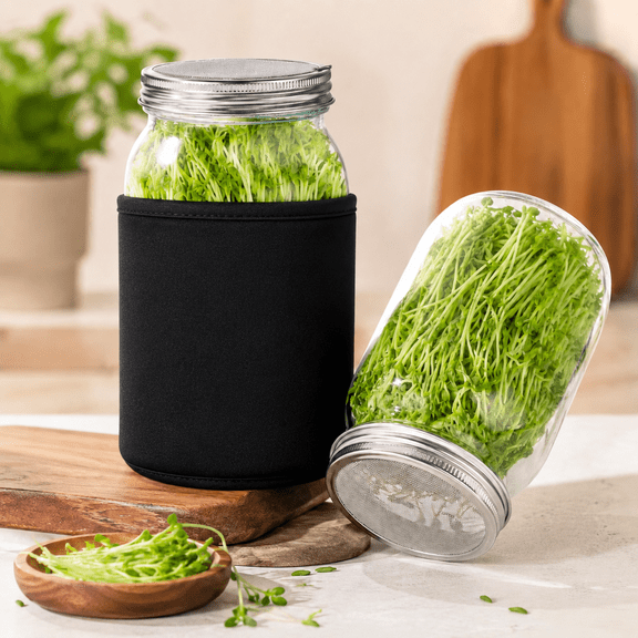 Sprouting Jar Kit, 2 Pack 32 oz Wide Mouth Mason Jars with Screen Sprout Lids, Stand, Tray and Blackout Sleeves, Seed Sprouting Kit for Broccoli, Alfalfa, Mung Beans and More