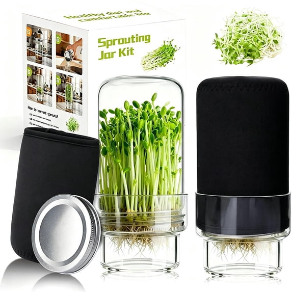 Sprouting Jar Kit Include 1000ml Sprouting Jar, Stand, Tray, Lid for Broccoli Microgreens Seeds