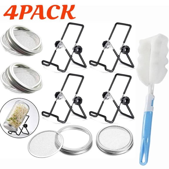 Sprouting Jar Lid (32 oz Glass Jars) with Stainless Steel Sprouting Stands & Brush for Wide and Wide Mouth Mason Jar for Growing Organic Sprouts, Stainless Steel