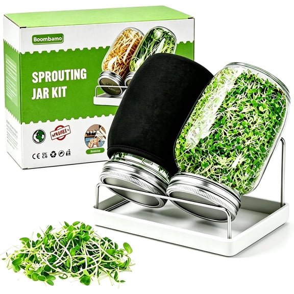 Sprouting Kit,Seed Sprouting Jar Kit,2Pcs Large Wide Mouth Mason Jar with 304 Stainless Steel Screen Sprout Lid,Sprout Jar Stand,Tray,Blackout Sleeves,Sprouts Growing Kit for Broccoli,Mung Bean
