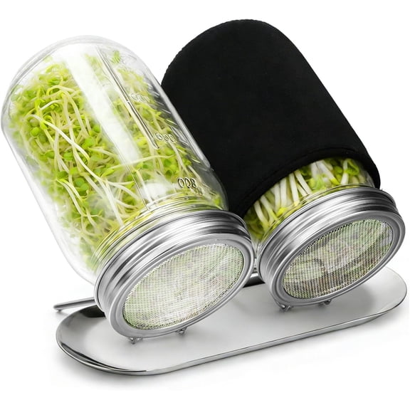 Sprouting Kit with Stainless Steel Screen Sprouting Lids & Glass Mason Jars & Light-Blocking Sleeves, 2Pack Premium Reusable Sprouts Growing Kit for Organic Broccoli Alfalfa Seeds Bean Sprouts