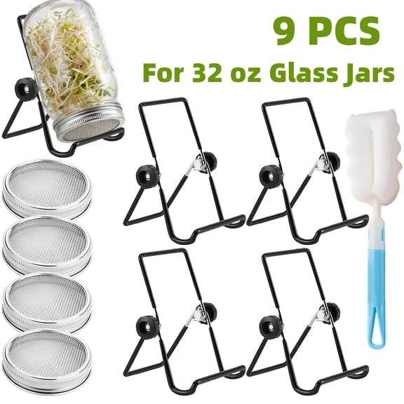 Sprouting Lids Growing Kit - Stainless Steel Sprouting Lids for 86mm Wide Mouth Mason Jar with Adjustable Stands & Brush - Organic Sprouts, Broccoli, Alfalfa Mung Bean Sprout Kit