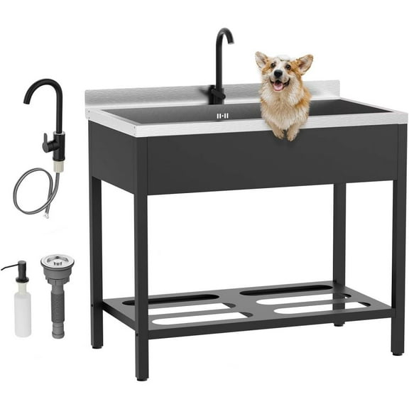 Ktaxon Stainless Steel Utility Sink, Free Standing Sink with Faucet, Perfect for Laundry Room, Kitchen, Restaurant, Garage, Backyard, 22"D x 42"W x 39"H
