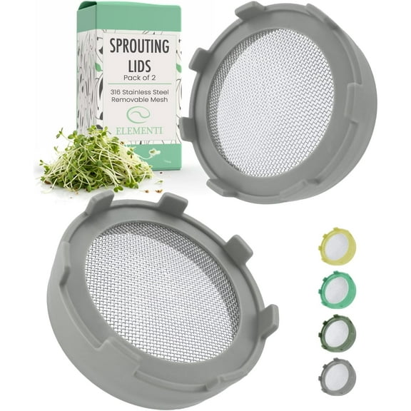 Sprouting Lids for Mason Jars (Set of 2), Wide Mouth Mason Jar Strainer Screen Lids for Sprouting Kit, 316 Stainless Steel Mesh (Grey)