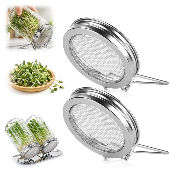 Sprouting Lids for Wide Mouth Mason Jars, Stainless Steel Reusable Sprouting Jar Lids Kit with Built-In Stand, Seed Germination Growing Kit(2PCS)