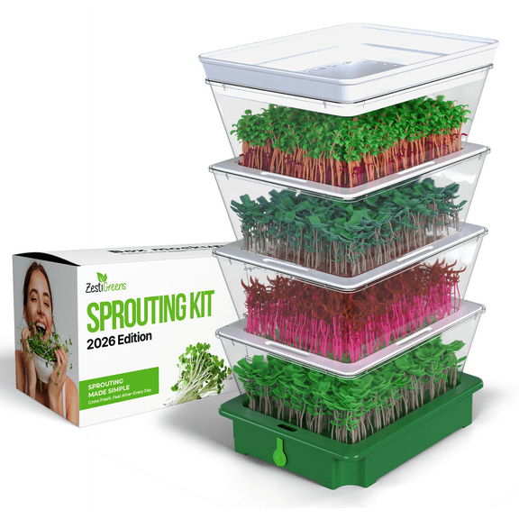 Sprouts Growing Kit, 4-Tier Stackable Seed Sprouter Trays with Sprout Lid, Blackout Sleeve & Drain Tray. This sprouting kit is the easy way to grow Broccoli Sprouts, Alfalfa Sprouts and Bean Sprouts.