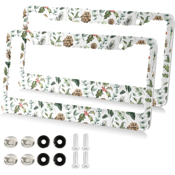 Spruce Branches License Plate Frame - 2 Pack Universal Stainless Steel License Plate Holder with Screws & Chrome Caps, 2 Holes Car License Plate Cover for US Vehicles Decorative