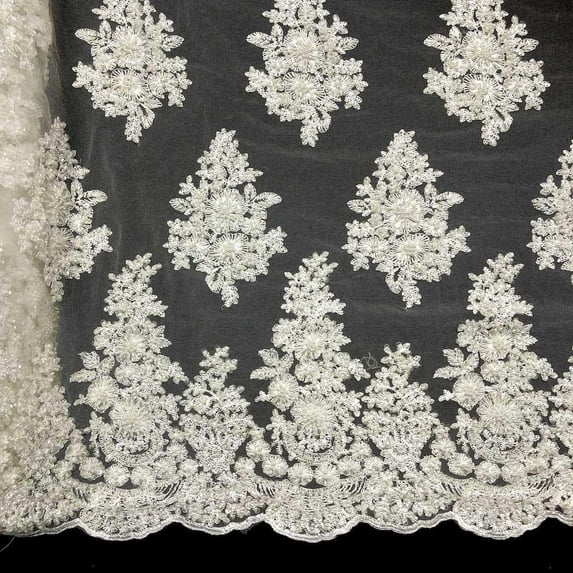 Spruce Bridal Lace Sequins Beaded Scallop Fabric for Dresses 52’’ BTY (Off White)