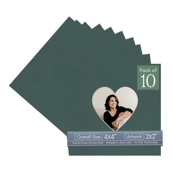Spruce Green Picture Frame Mat for 4x4 Inch Frames - Heart Opening for 2x2 Photos - 10 Mats
