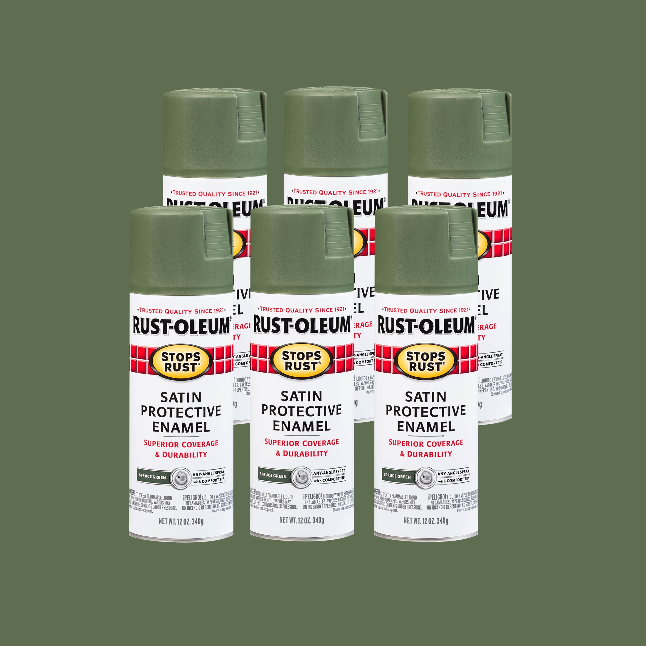 6 Pack, Spruce Green, Rust-Oleum Stops Rust Satin Protective Enamel Spray Paint-7737830, 12 oz