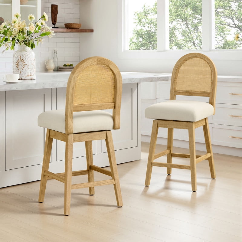 Spruce & Spring 25" Counter Height Swivel Bar Stools Set of 2 with Handmade Rattan Back and Upholstered Seats for Kitchen Island, Natural