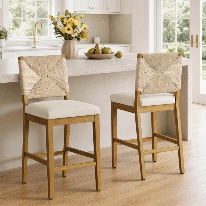 Spruce & Spring 26"Boho Counter Height Bar Stools Set of 2 with Handmade Rope Back, Upholstered Seats for Kitchen Island and Home Bar, Walnut