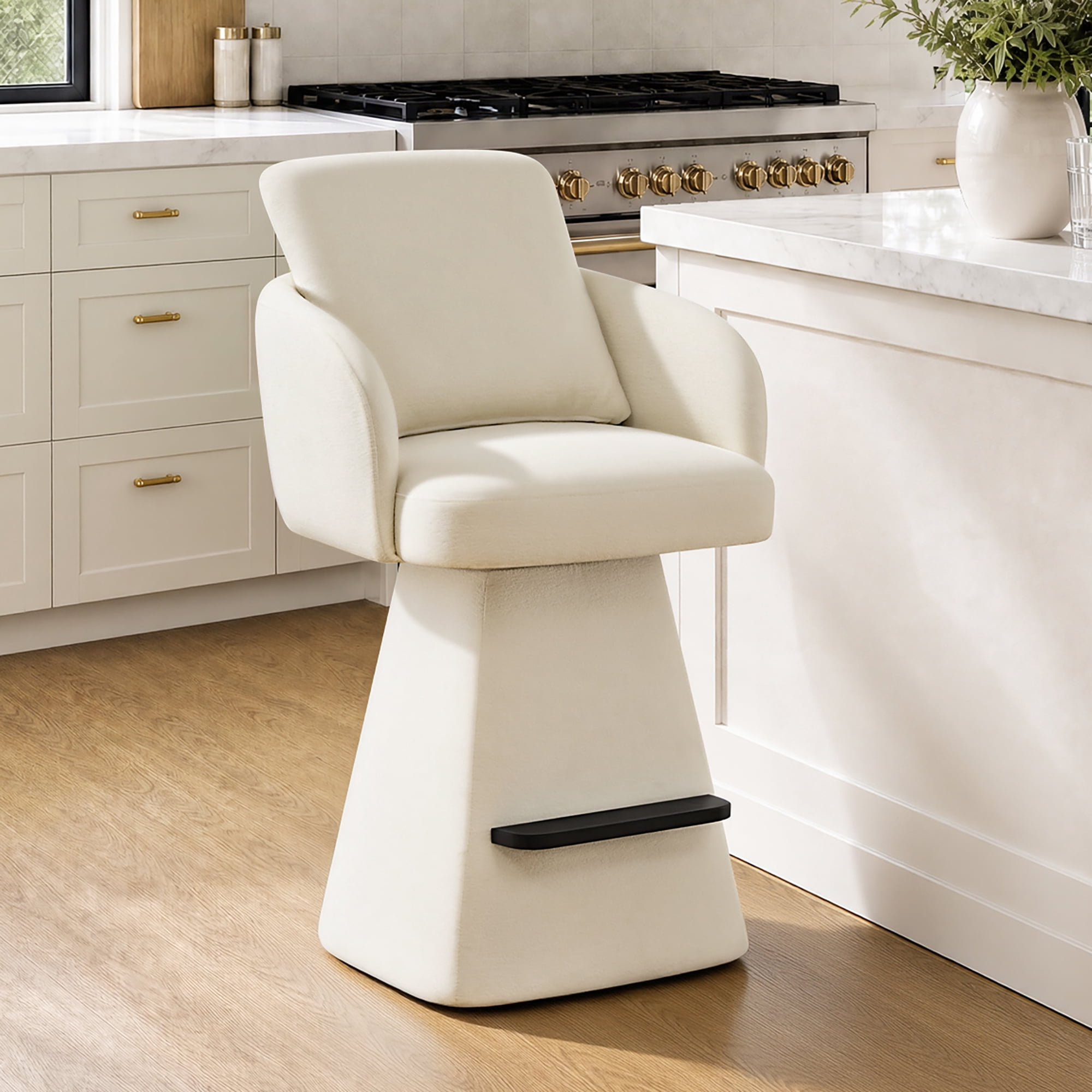 Spruce & Spring 26" Counter Height Swivel Bar Stools with Arms, Upholstered Chenille Seat & Back for Kitchen Island & Home Bar, Cream Fabric