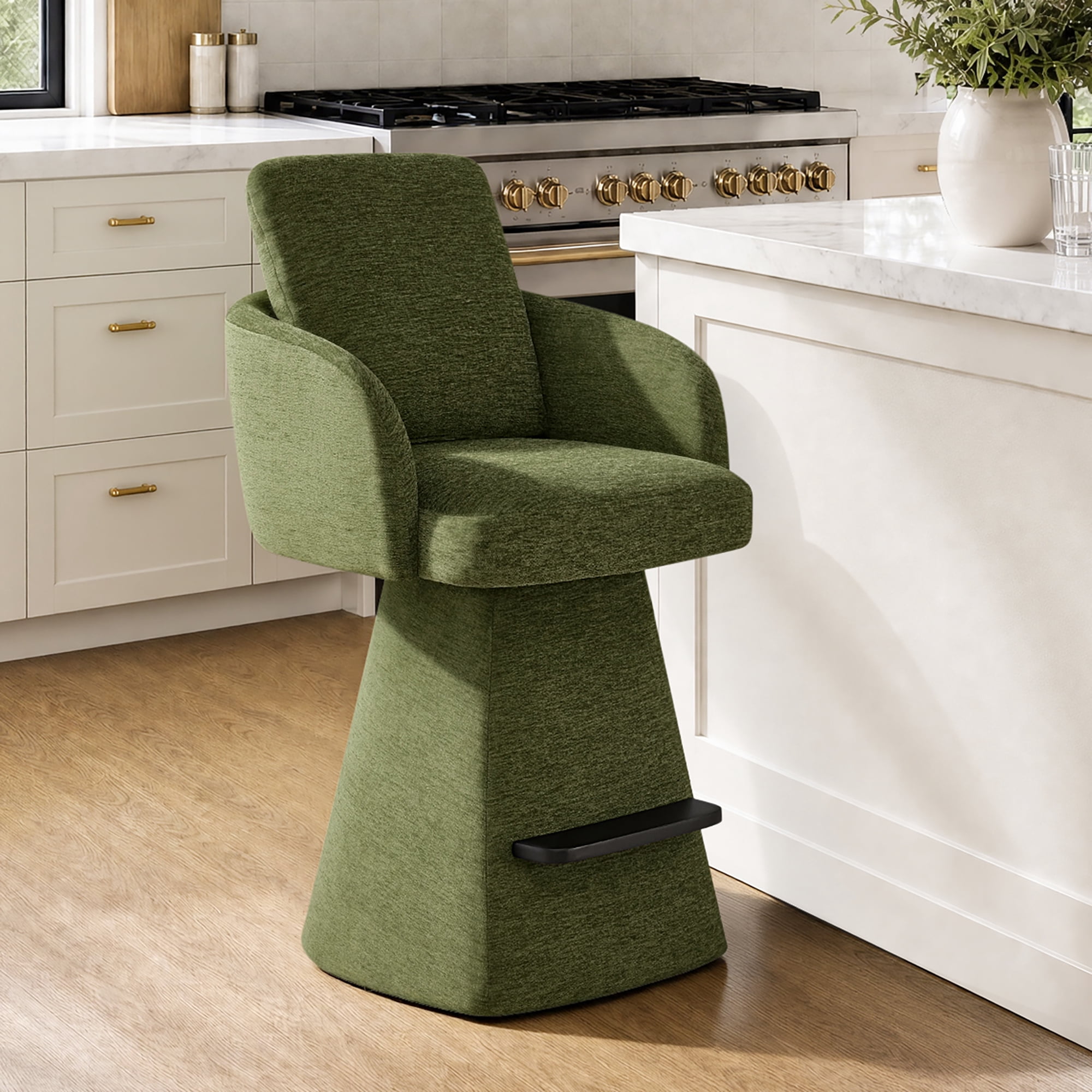 Spruce & Spring 26" Counter Height Swivel Bar Stools with Arms, Upholstered Chenille Seat & Back for Kitchen Island & Home Bar, Green Fabric