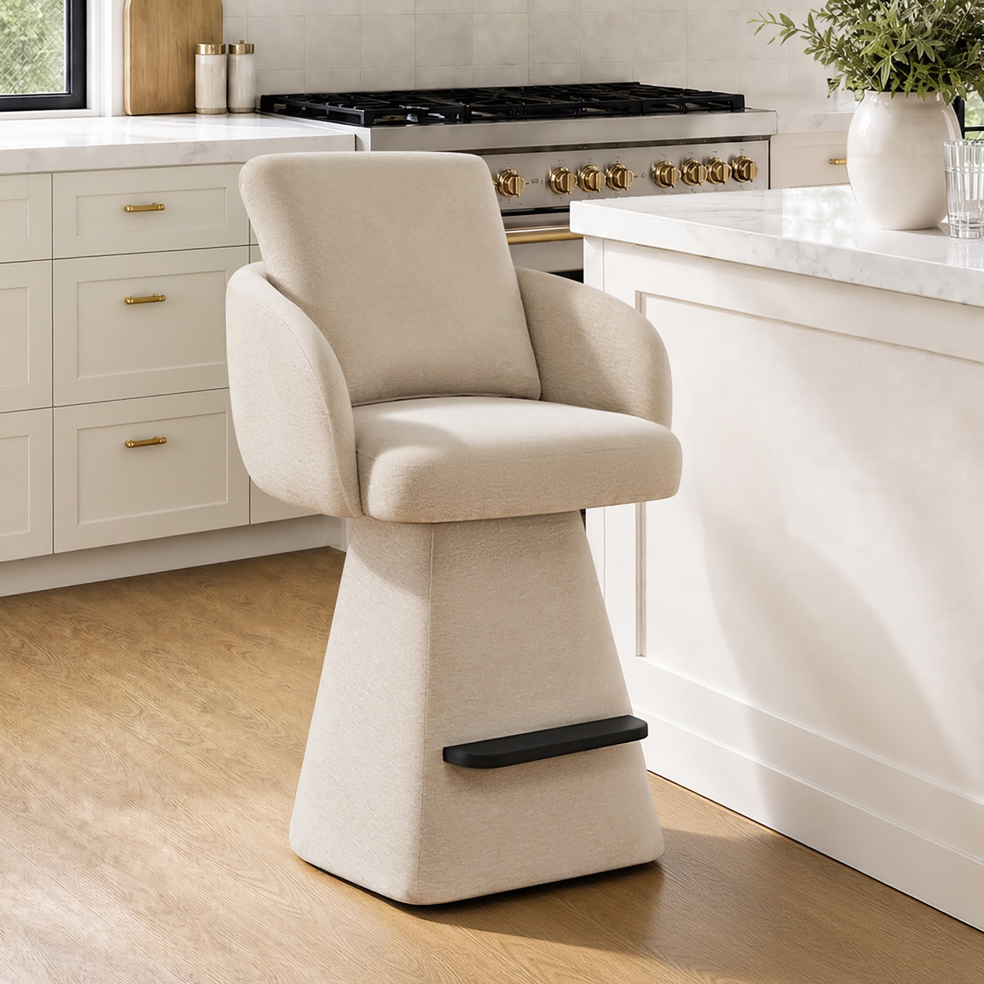 Spruce & Spring 26" Counter Height Swivel Bar Stools with Arms, Upholstered Chenille Seat & Back for Kitchen Island & Home Bar, Sand Fabric