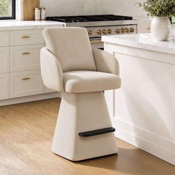 Spruce & Spring 26" Counter Height Swivel Bar Stools with Arms, Upholstered Chenille Seat & Back for Kitchen Island & Home Bar, Sand Fabric