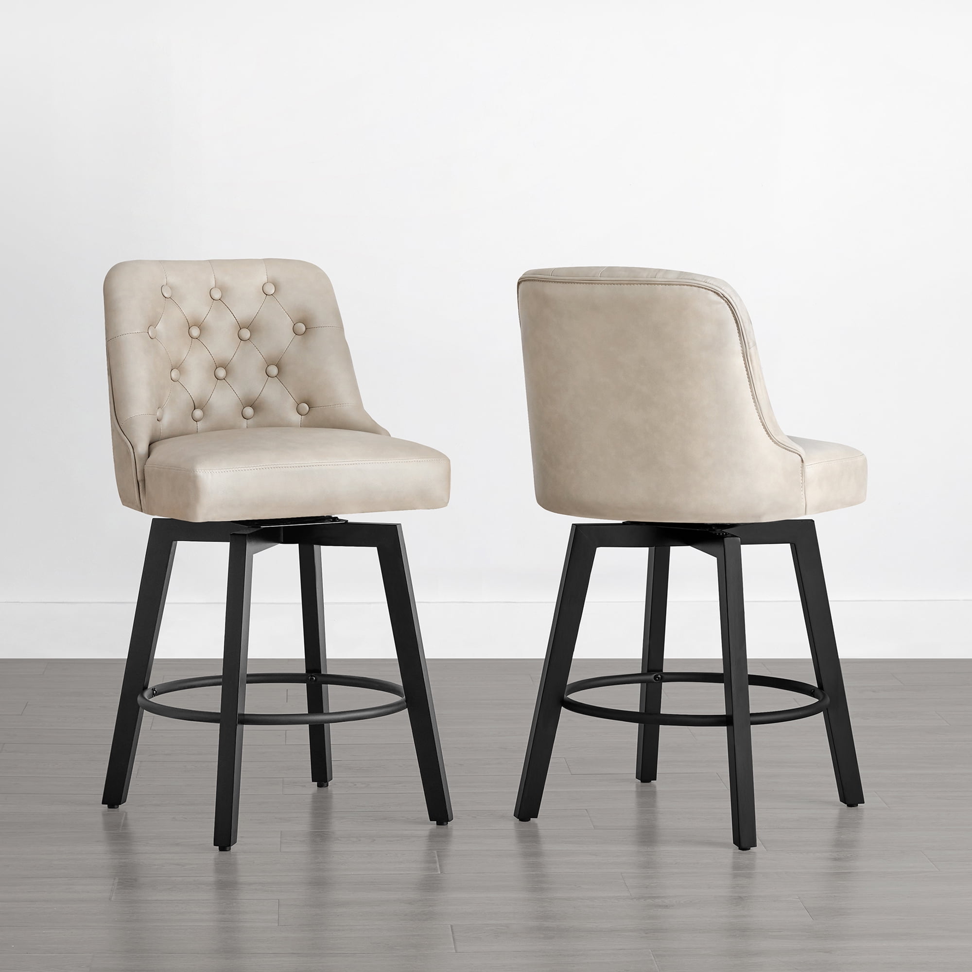 Spruce & Spring 26-Inch Counter Height Swivel Bar Stool with Tufted Back Set of 2, Beige, Faux Leather