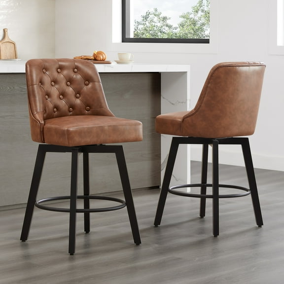 Spruce & Spring 26-Inch Counter Height Swivel Bar Stool with Tufted Back Set of 2, Brown, Faux Leather