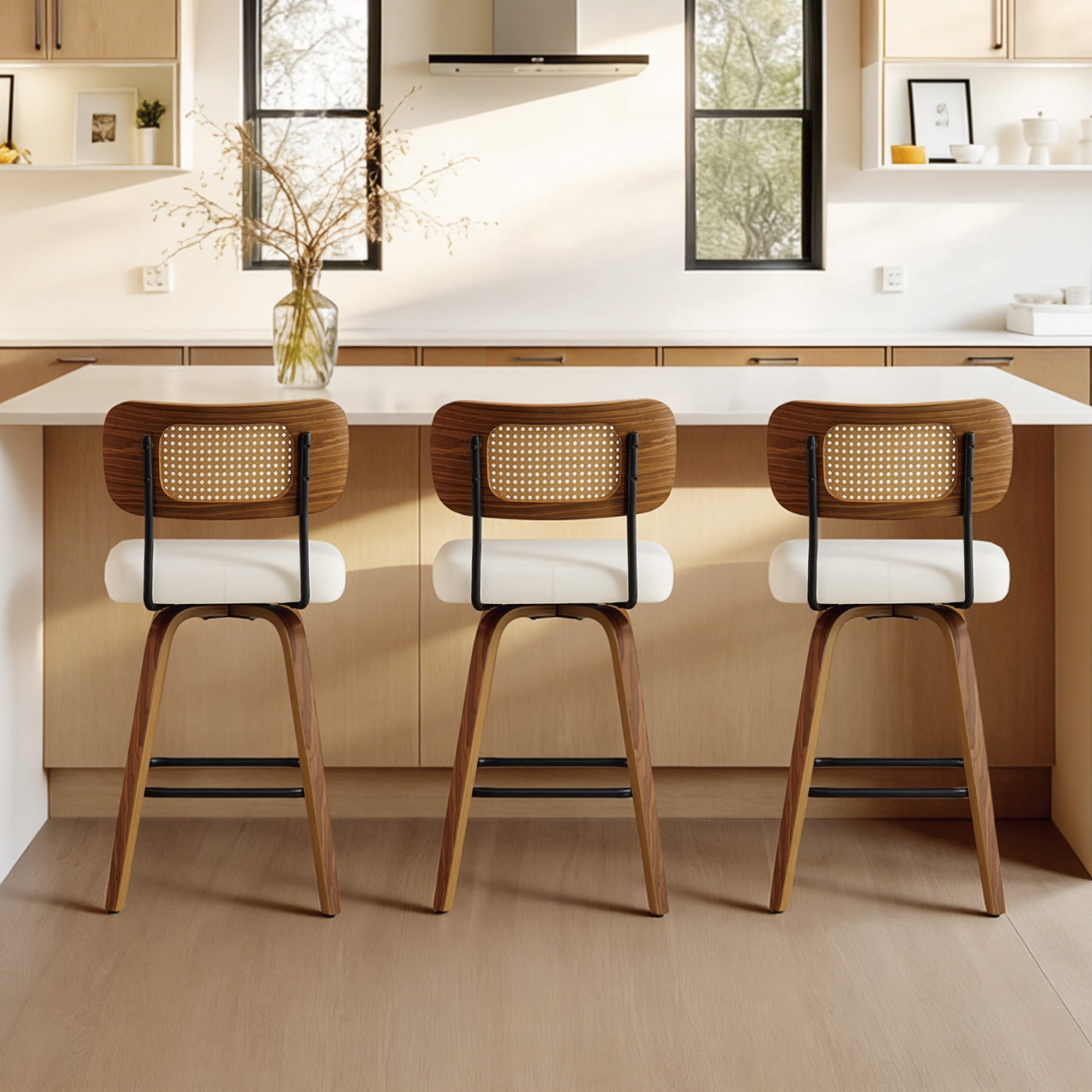 Spruce & Spring 26" Swivel Counter Bar Stool with Walnut Bentwood Frame Set of 3, PE Rattan Back, Ivory